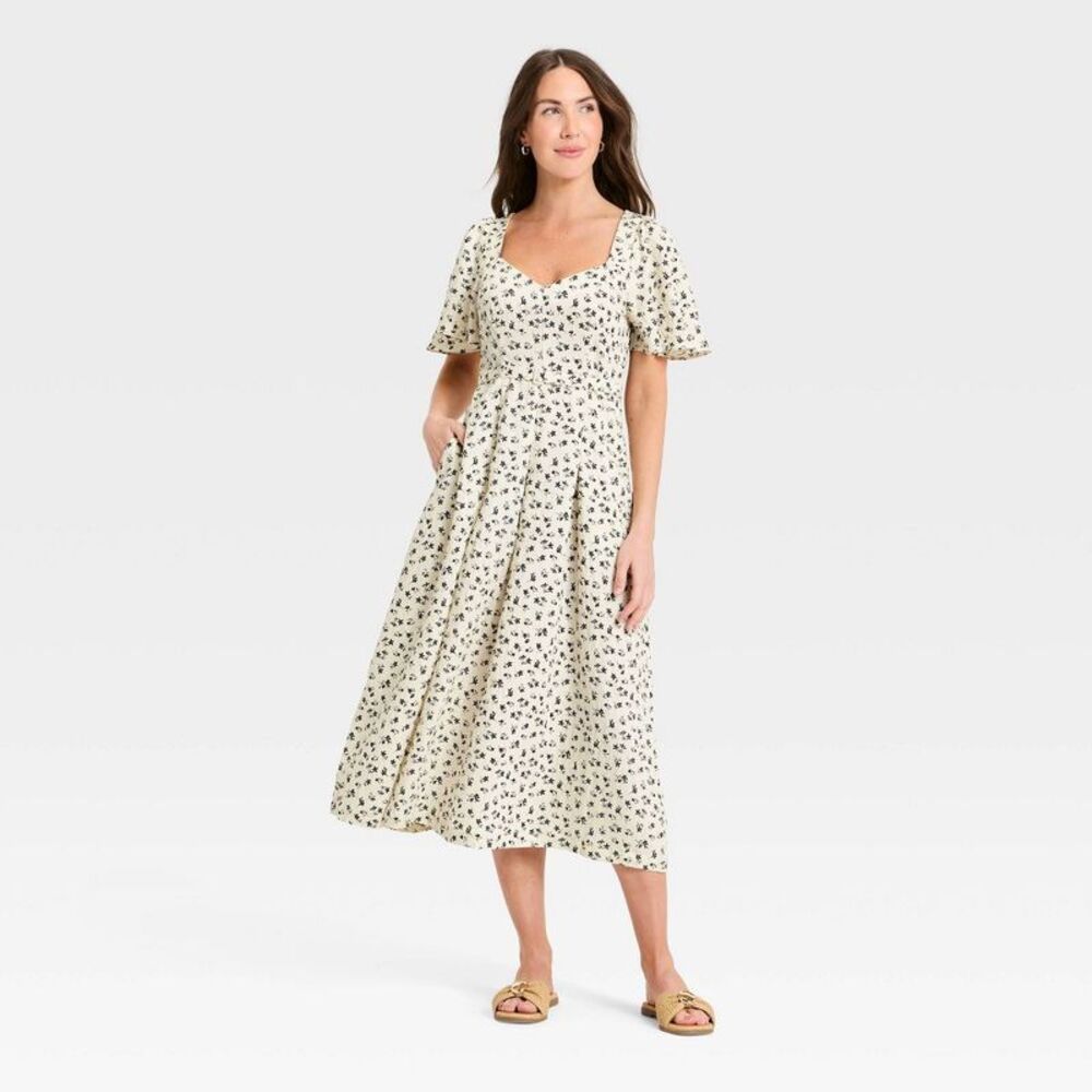 Women's Flutter Sleeve Belted Midi Dress - A New Day Cream/Black Floral 16